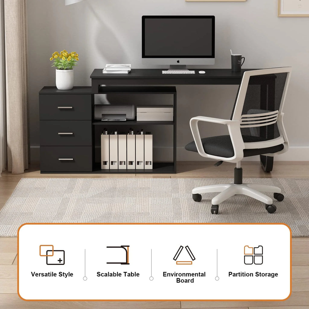 55.1" L-Shaped Office Desk with File Cabinet and 3 Drawers Black V260333