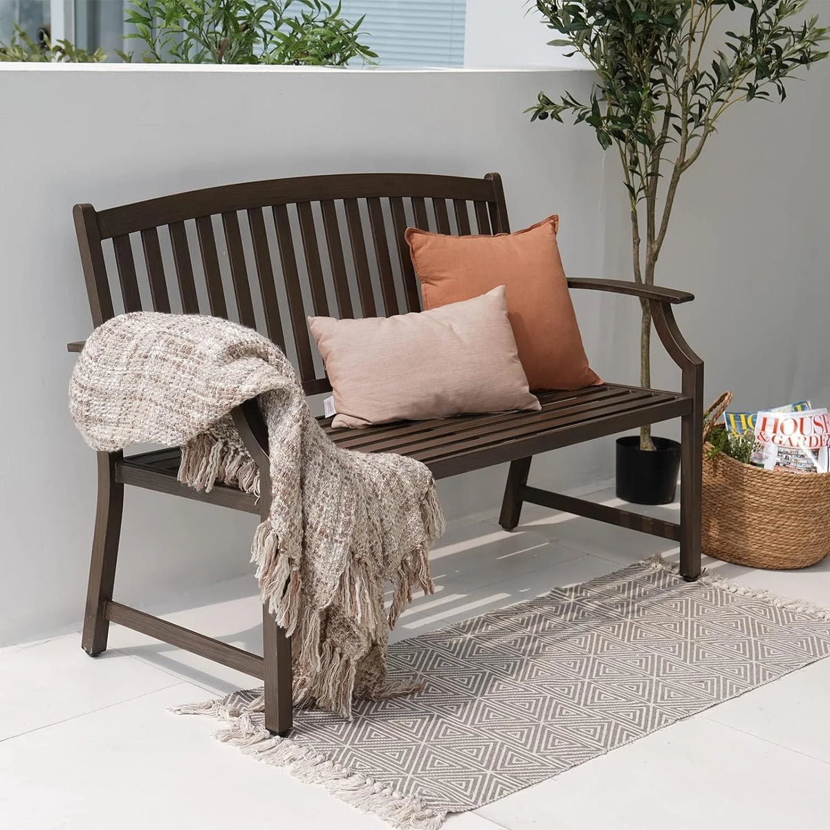 Brown Wood Grain Metal Garden Bench Z973