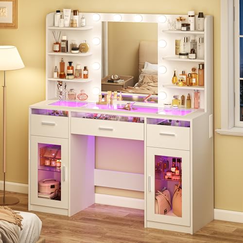 White Vanity Desk with Mirror and Lights U81766